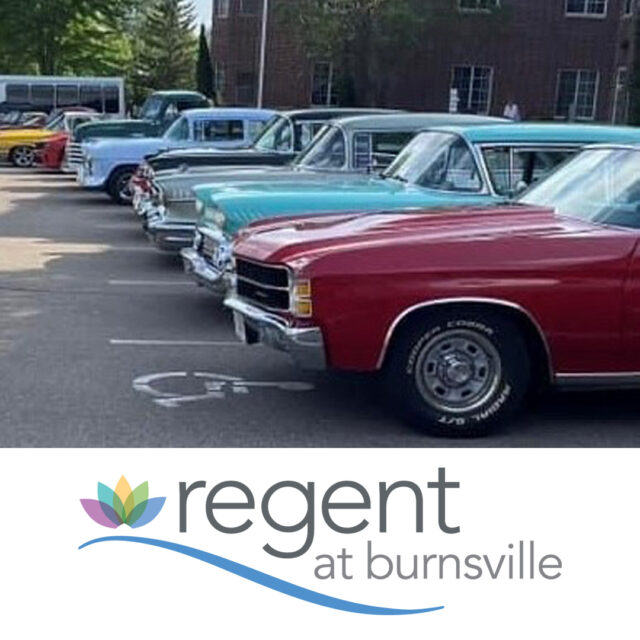 A row of colorful classic cars is parked at The Regent's summer party. The lineup includes red, teal, and light blue vintage vehicles, showcasing their polished exteriors. The cars are parked in a lot with trees and a building in the background, adding to the nostalgic atmosphere of the event. The Regent at Burnsville logo is displayed at the bottom of the image.