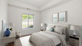 Regent at Burnsville Care Suites, resident bedroom, cozy bedding and bright window view.