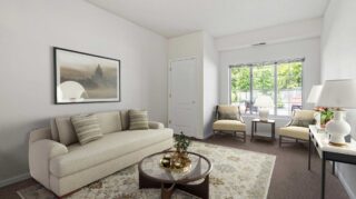 Regent at Burnsville Care Suites, apartment home, comforting interior decor and view beyond window.